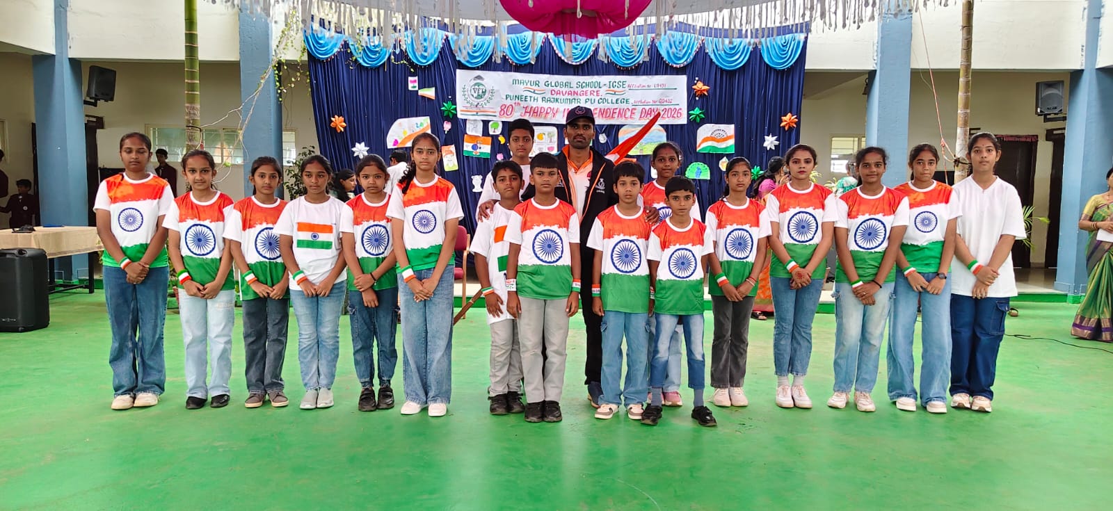 Students wearing Indian flag themed shirts